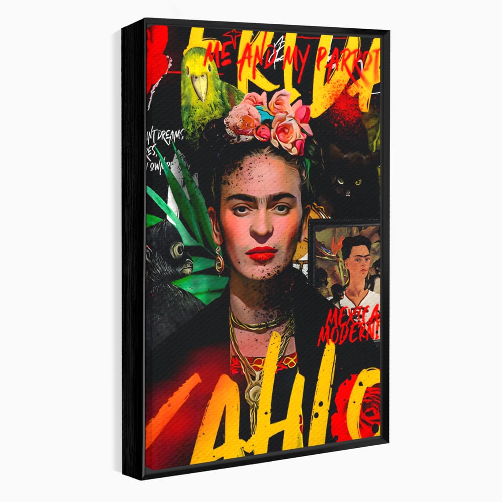 Tablou canvas cu tablou canvas portret frida kahlo, in rama de aluminiu negru